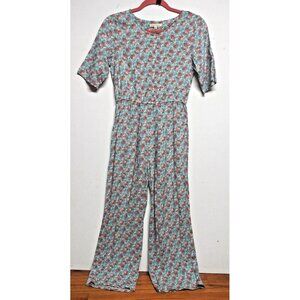Womens Jumpsuit Floral ditsy dainty Sz S/M/L short sleeve gray orange pink rayon